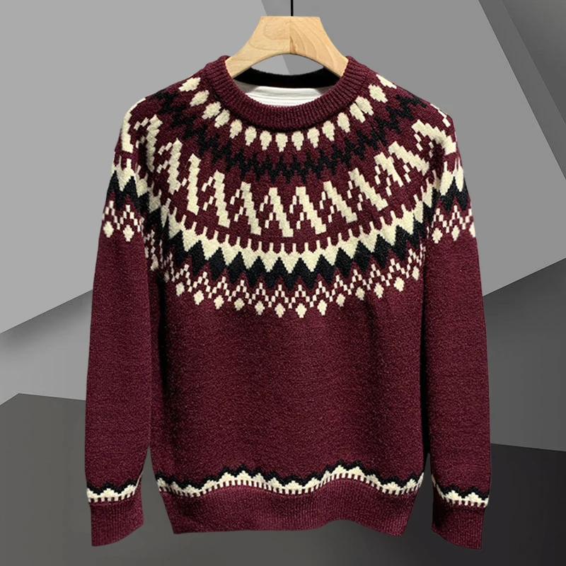 Fall Casual Knit Clothing Print Knitte Sweater Contrast Color Stitching Sweater For Men Streetwear  Men O-neck Long Sleeve