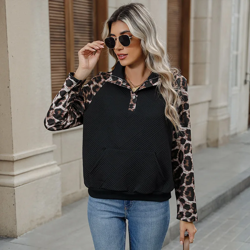 Sweatshirts Women Tops Leopard Print Full Sleeve Hoodies Zipper Top Turn Down Collar Y2k Streetwear Casual Elegant Splice Work