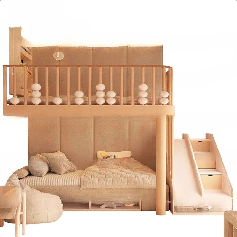 Kamar anak perempuan yang kreatif dengan tempat tidur setengah tinggi, rumah bermain bayi dengan seluncuran