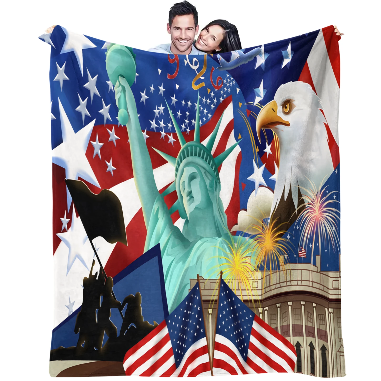 Ultra Soft American Statue of Liberty Eagle Flag Print Flannel Throw Blanket Portable Lightweight Fleece Blanket for Sofa Bed