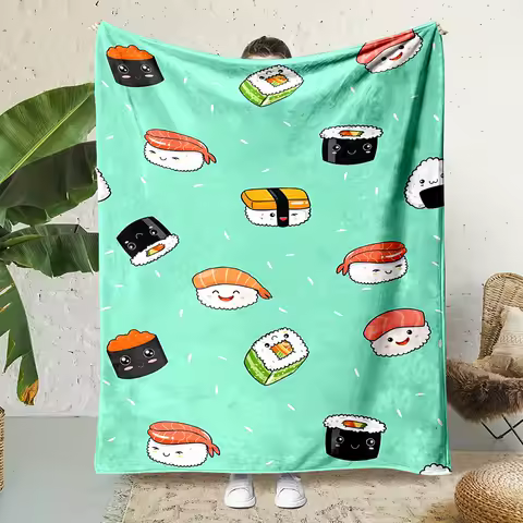 Cozy Cartoon Sushi Print Flannel Throw Blanket | Perfect for Couch, Bed, Office Naps &amp; Travel | Unique Wearable Gift Idea