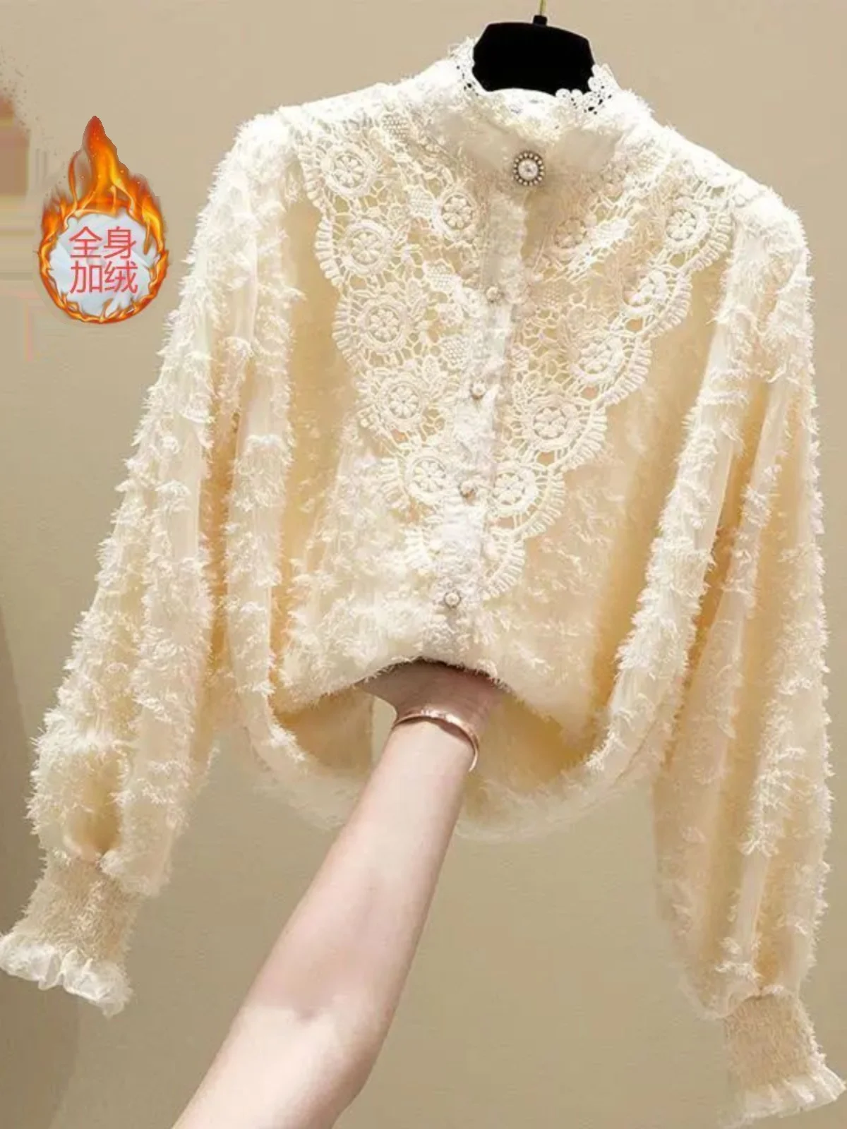 

Autumn Winter Thickened Fleece Lined Stand Collar Lace Detailing Chiffon Women's Shirt Inner Wear Base Layer Top