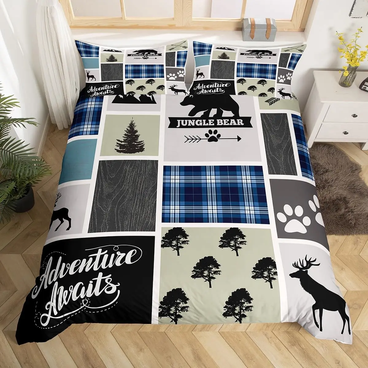 Bear Silhouette Duvet Cover King Size,Brown Rustic Farm Door Bedding Set 3pcs,Woodland Pine Animals Footprint Comforter Cover