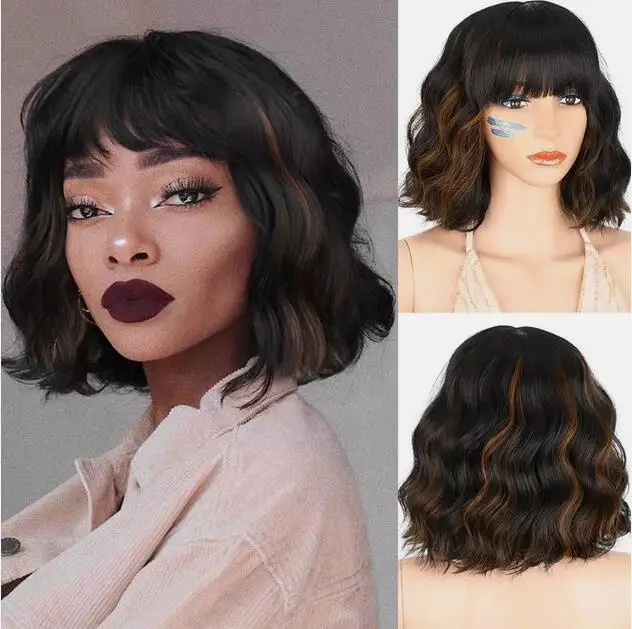 

Short Bob Curly Wavy with Bangs Black Mixed Brown Highlight Wigs