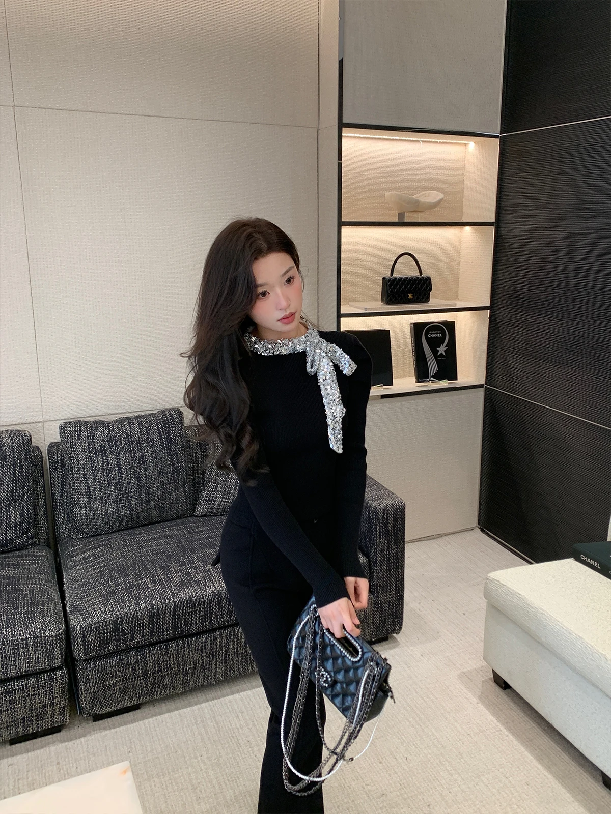 

Женский топ Cchen Ladycharm с пайетками и узлом, весенний, модный, для офиса, приталенный, длинный рукав