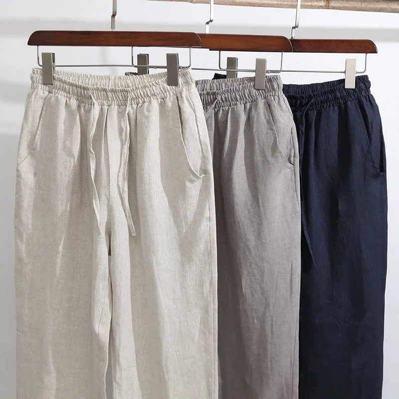 

Men's Summer Thin Wide Leg Linen Casual Pants Loose Straight Cut Versatile Cotton Linen Nine Points Trendy Leisure Trousers