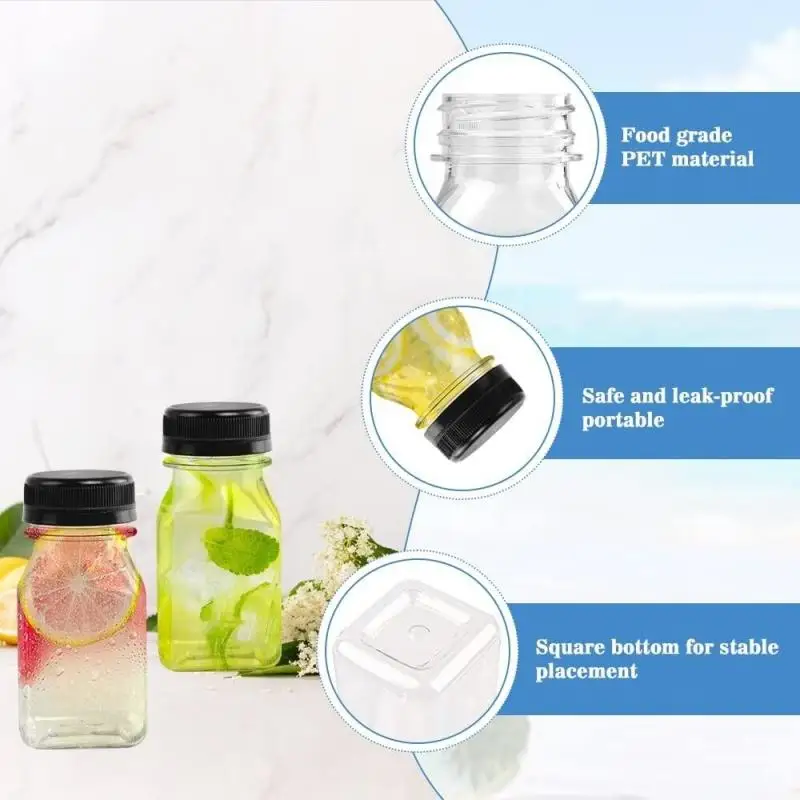 12Pc 60ml Empty Drink Bottles with Black Lids Plastic Tamper Proof Drink Containers Reusable Juice Milk Split Beverage Bottles