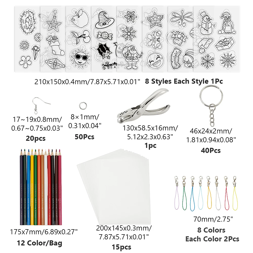 163 Pcs Shrinky Plastic Christmas Keychain Kit Include 23Pcs Heat Shrink Film Paper Handheld Puncher Stainless Steel Tweezers