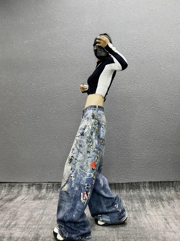 women's jeans Cool printed decorative  women's autumn new high waist loose and thin versatile straight wide leg floor pants