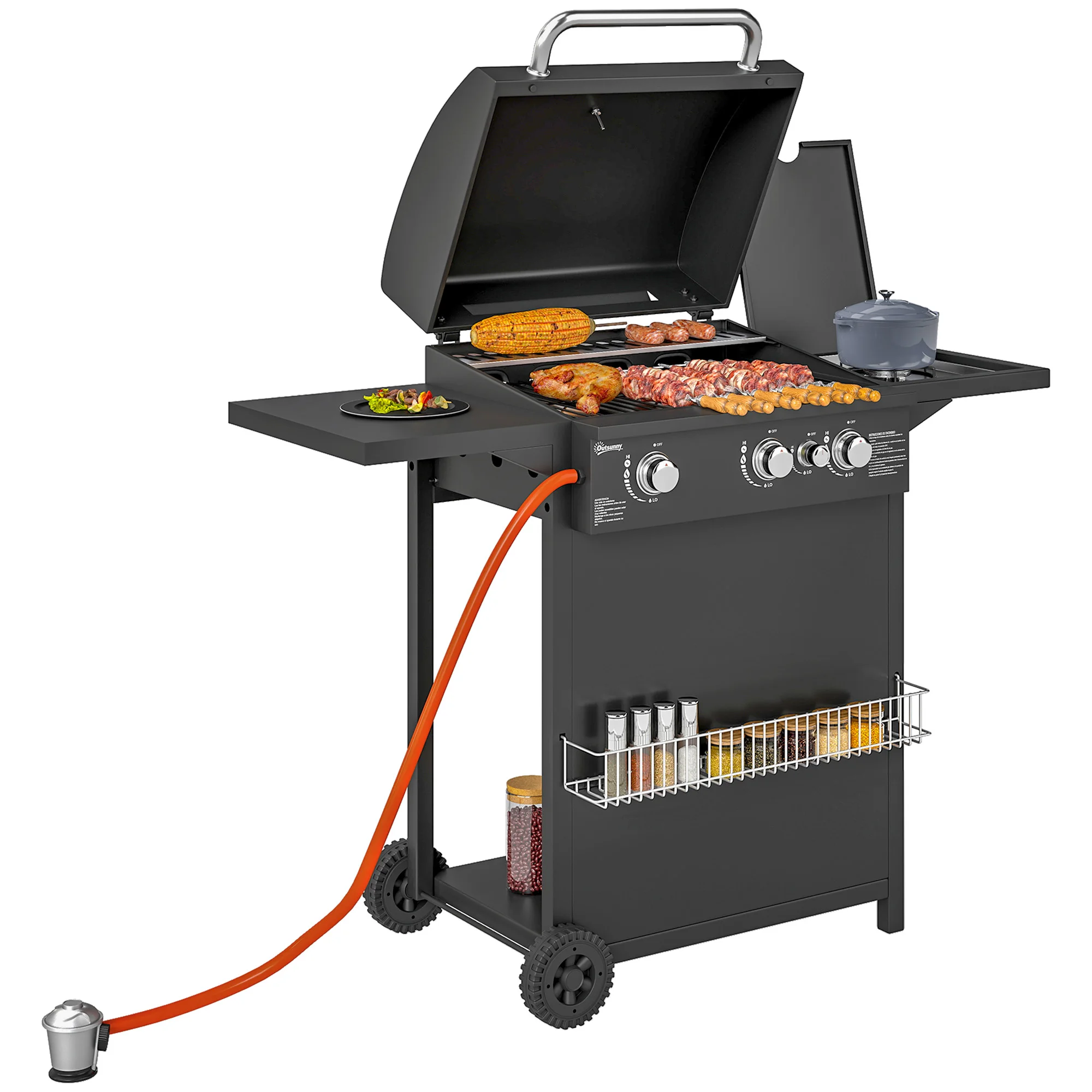 Outsunny Barbacoa de Gas con 3+1 Quemadores 8,5 kW Termómetro Mesa Lateral Negro