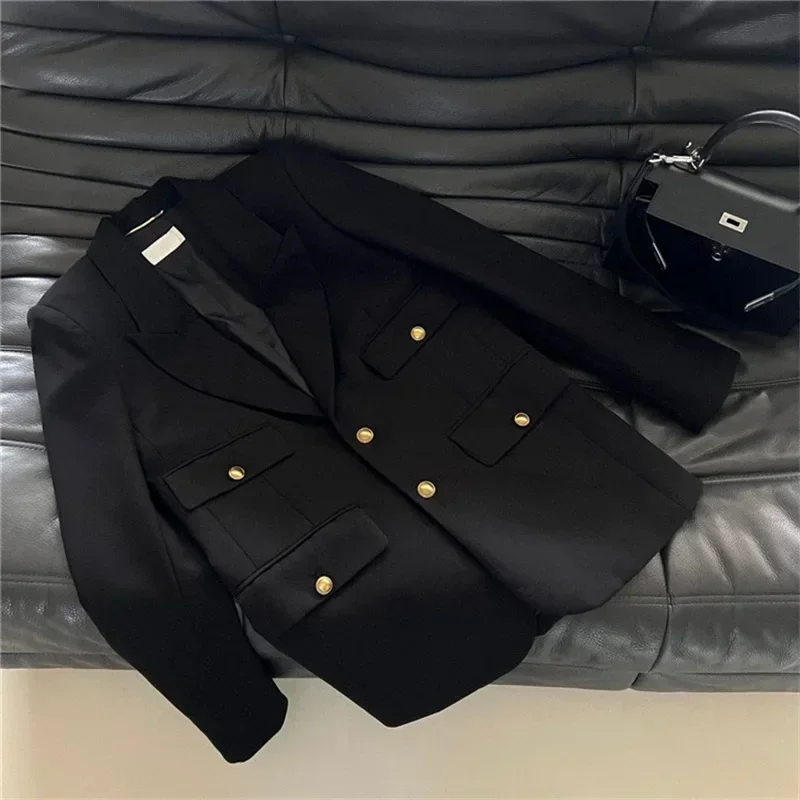 Black Women Suit Blazer 1 Piece Formal Office Lady Jacket Business Work Wear Gold Button Elegant Girl Coat Outfit Prom Dress