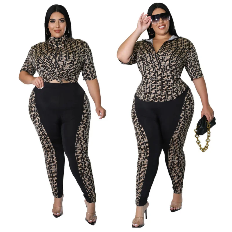 

European and American Leisure Women's Suit Digital Printing Solid Color Stitching Temperament Leisure plus Size Two-Piece Suit