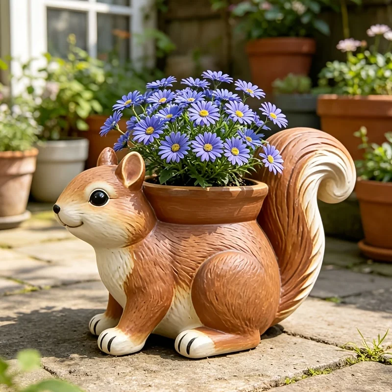 Cute Squirrel Resin Flowerpot Synthetic Animal Sculpture Rural Decoration Outdoor Garden Balcony Green Plant Flowerpot