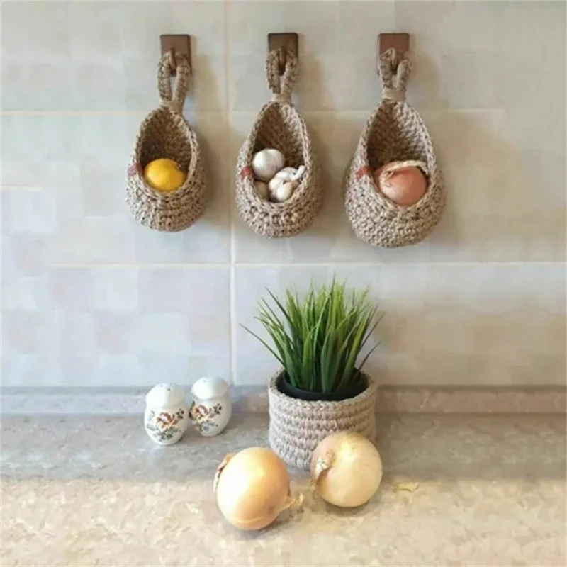 XS-XXL Wall-mounted Sundries Storage Bag Hanging Wall Vegetable Fruit Baskets Organize Bag Jute Eco Teardrop Kitchen Organizer