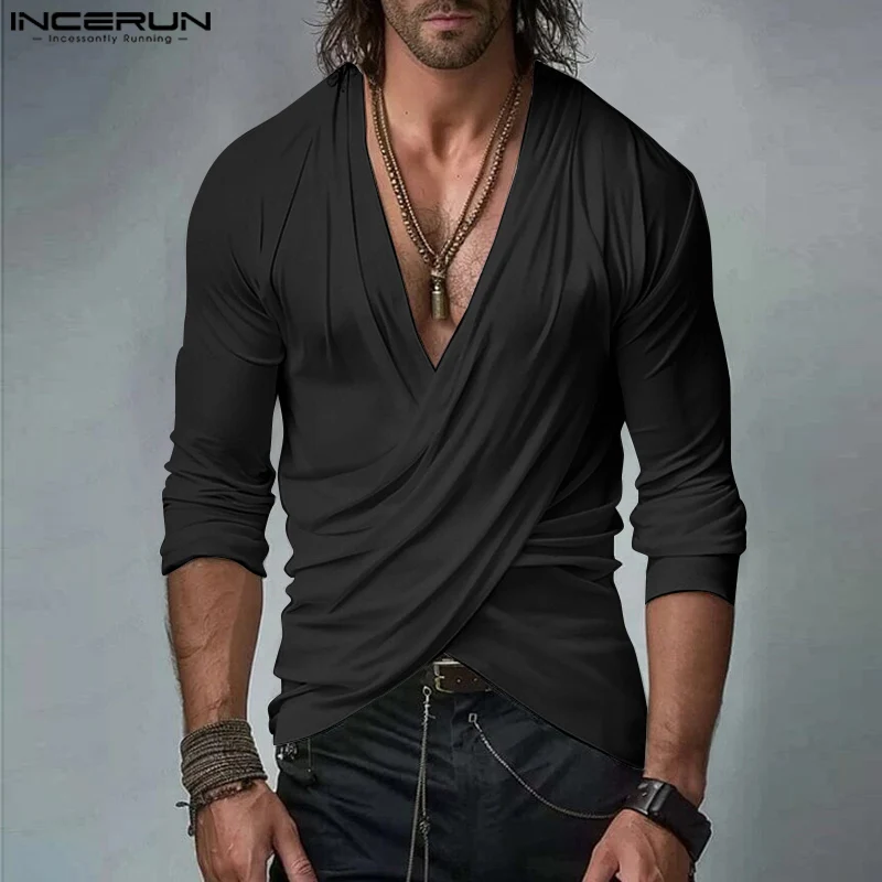 2024 Men Well Fitting Tops INCERUN Casuasl Solid Color Deconstruction T-shirt Knitted Cross Collar Sexy Elegant Fashion Camiseta