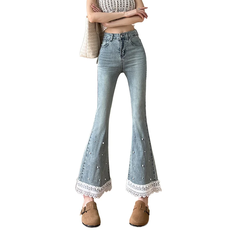 Primavera e outono Little Stature Lace Bead Denim Calças de cintura alta ligeiramente queimadas. Jean feminino Slim Temperament de nove quartos