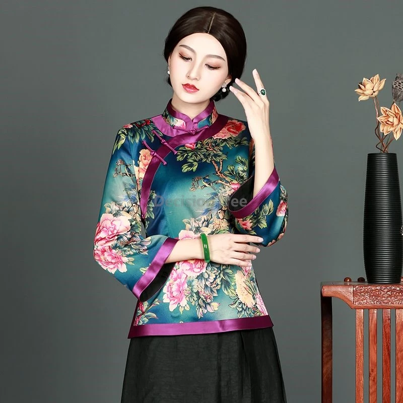 بلوزة تشيباو كلاسيكية على الطراز الصيني لعام 2025 بمزاج كلاسيكي مطبوعة مائلة بفتحة أمامية من شيونغسام بلوزة نسائية ضيقة #2