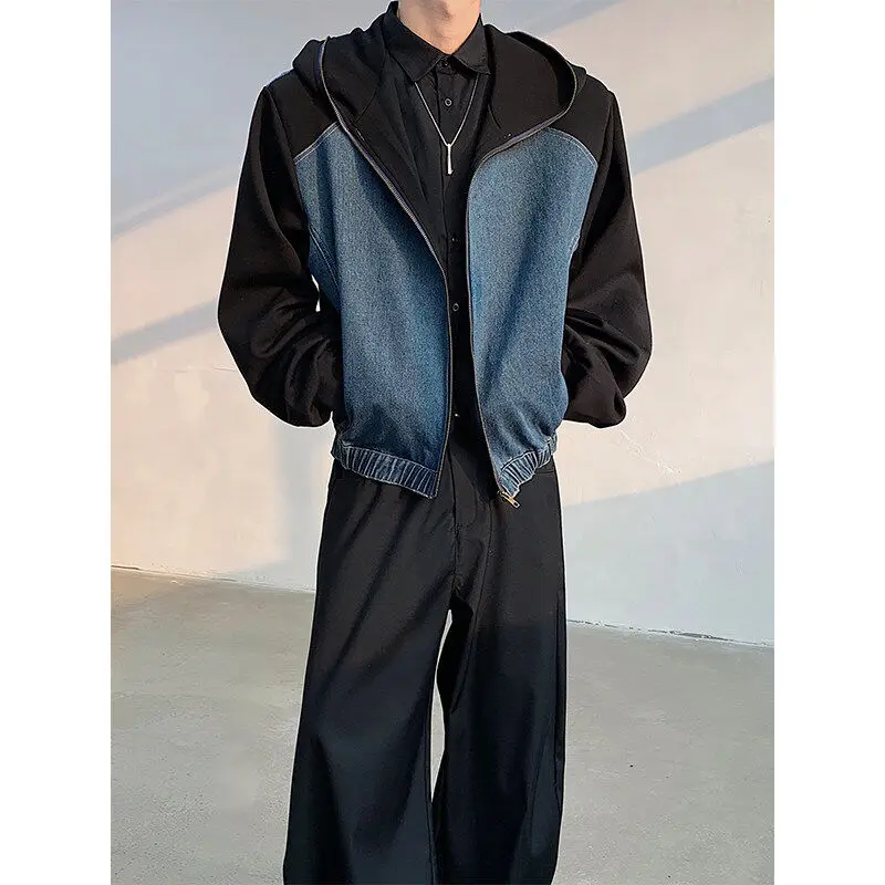 

Men's Zipper Denim Hoodie Jaet oulder Pad Design Spring Faion Outerwear Stand Fit Polyester Fiber Long Sve ort ...