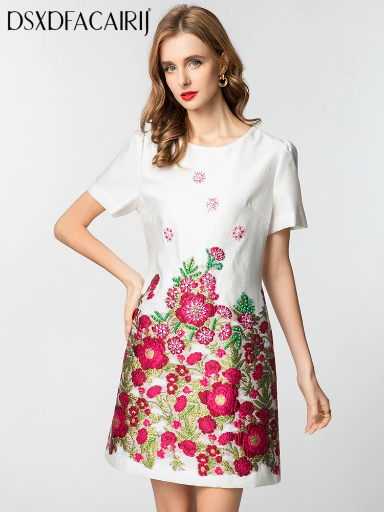 

DSFACAIRIJ Women's Beaded Mini Dress O-Neck Short Sleeve Vintage Jacquard Summer Fashion Diamond Accented Female's Clothing