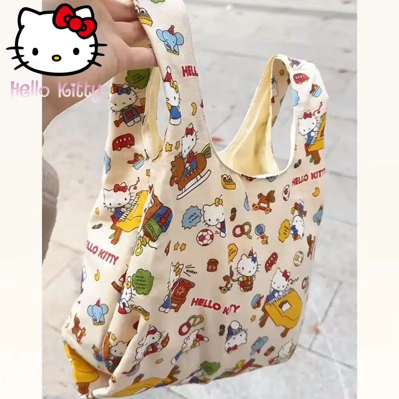 

2024 New Hello Kitty Canvas Bag Kawaii Cartoon The Single Shoulder Bag Large Capacity Anime Students Tote Package Cute Girl Gift