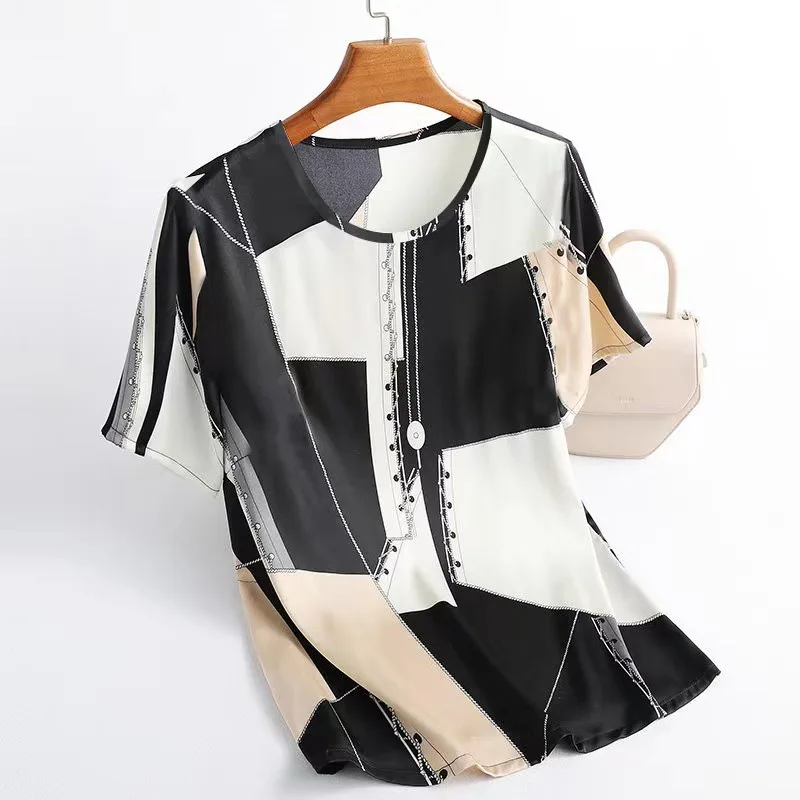 Imitation Silk T-shirt Top Summer New Ice Silk Printed Mother\'s Dress With Thin Belly And Westernized Big Bottom Blouse Woman