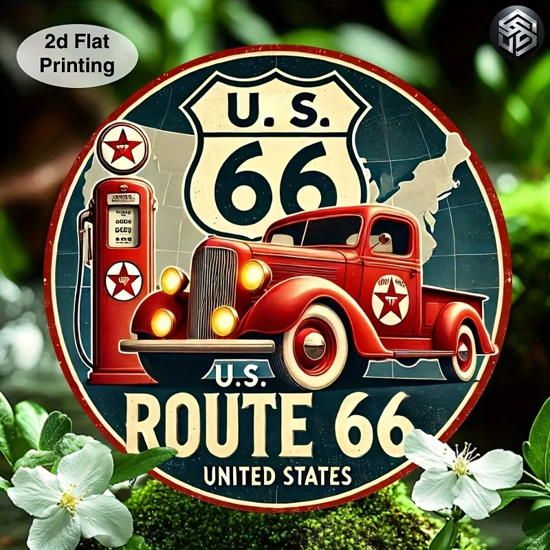 1 Stück, Vintage Route 66 Metall-Aluminium-Schild – langlebige, wasserdichte, lichtbeständige und rostbeständige runde Wanddekoration