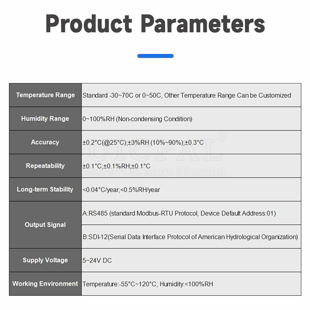 RS485 Temperatura e Umidade Sensor, Sonda Cabo, SHT40 PE Shell, Sensores de Capacitância Digital para Estufa, 2M Comprimento, Saída I2C