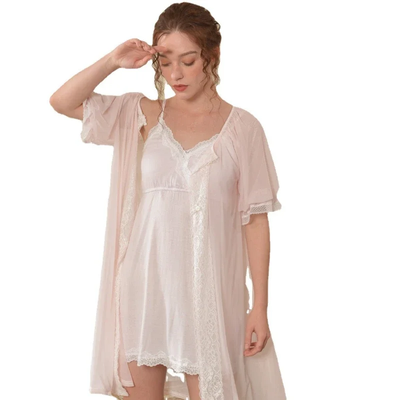 Vintage Mesh V Neck Robe Sets Spring Autumn Sweet Cotton Sleepwear 2 Piece Fairy Full Sleeve Nightdress Women Princess Sleepwear