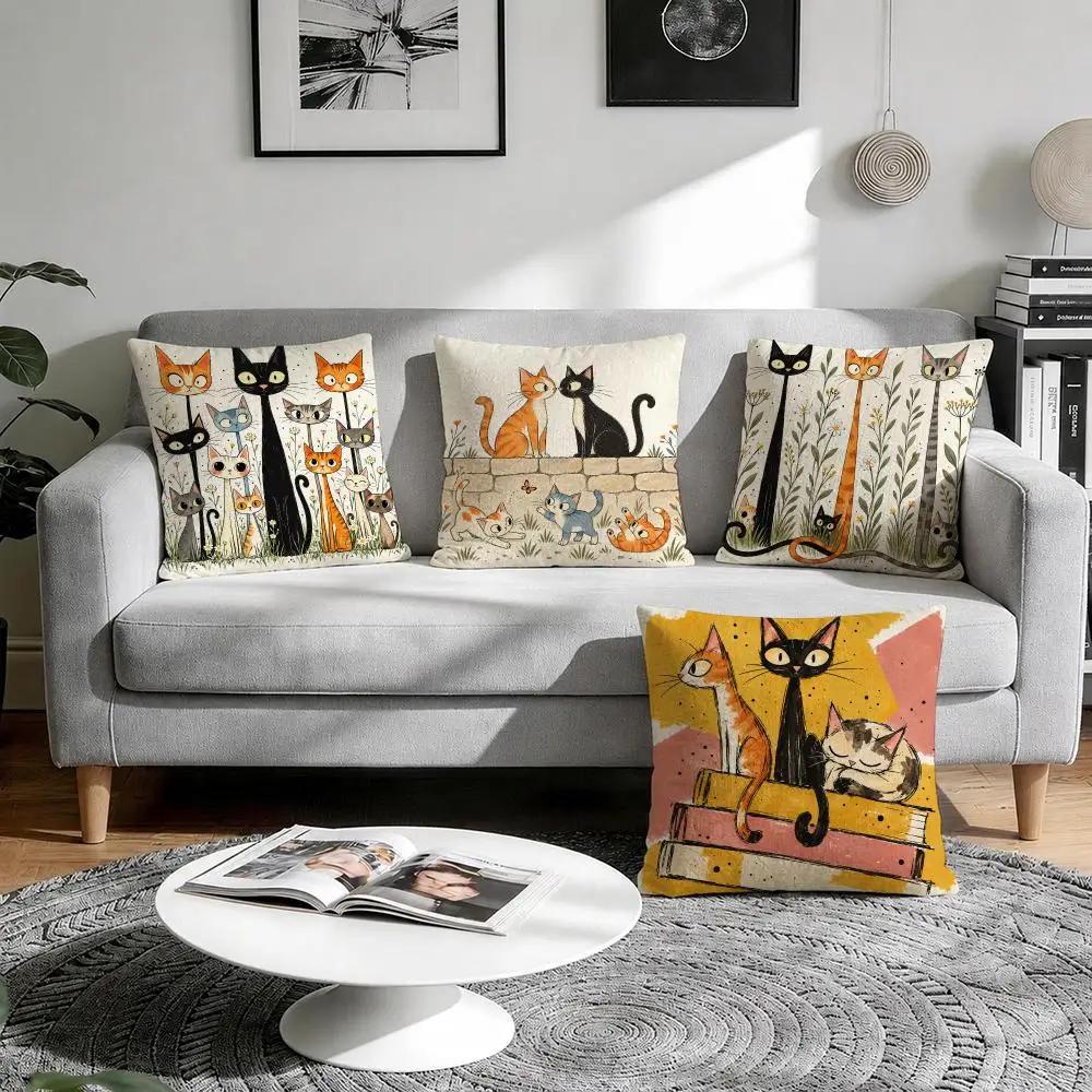Cat Gathering Cozy Quirky Cushion Cover 1/4Pcs Linen Throw Pillow Covers Double-Side Print Sofa Couch Living Room Decor