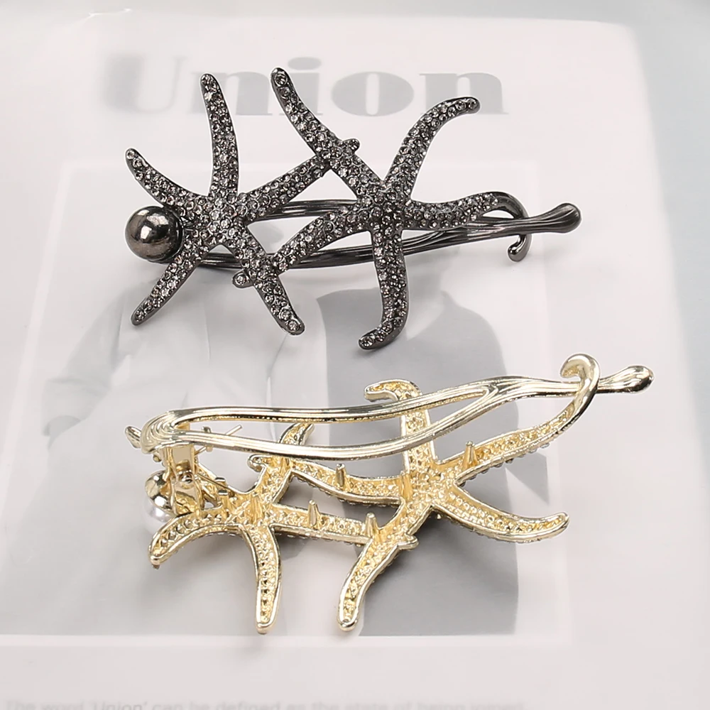 10cm Fashion Rhinestone Double starfish Twist clamp Frog Buckle one Word Clip alloy Hair Clip Back of the head Hair accessories