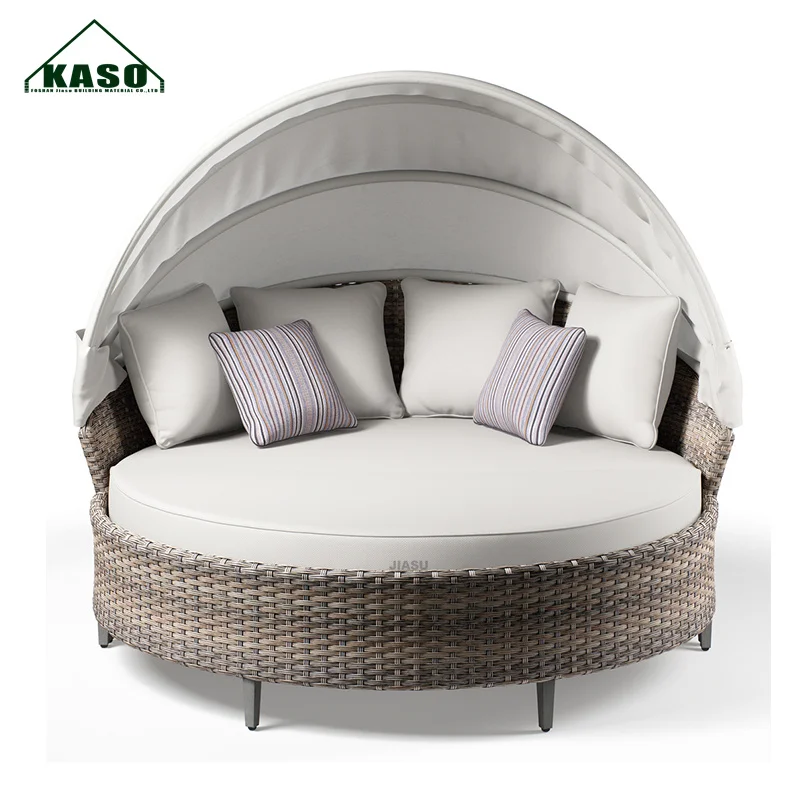 Patio Pool Round Sunbed With Canopy Adjustable Modern Wicker Aluminum Day Bed Chair White Sun Lounger Outdoor Rattan Daybed