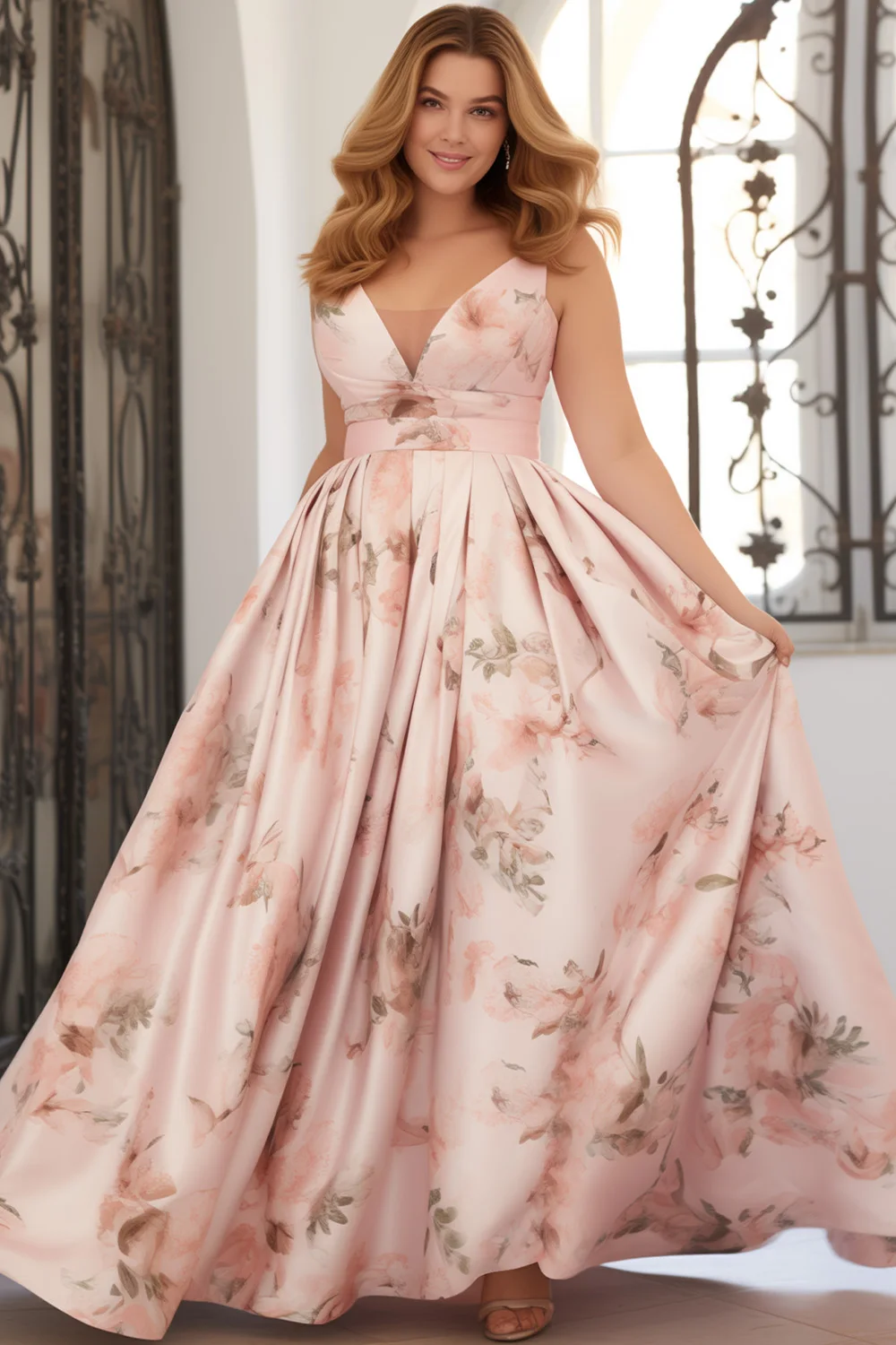 

Flycurvy Plus Size Wedding Guest Light Pink Satin Floral Print Deep V Neck Empire Waist Maxi Dress