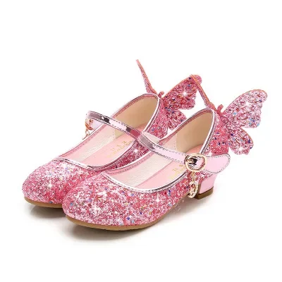 Girls High Heels Leather Shoe Flower Glitter Bow Blue Pink Silver Princess Shoes Girl Kids Performance zapato NEW Children Shoes