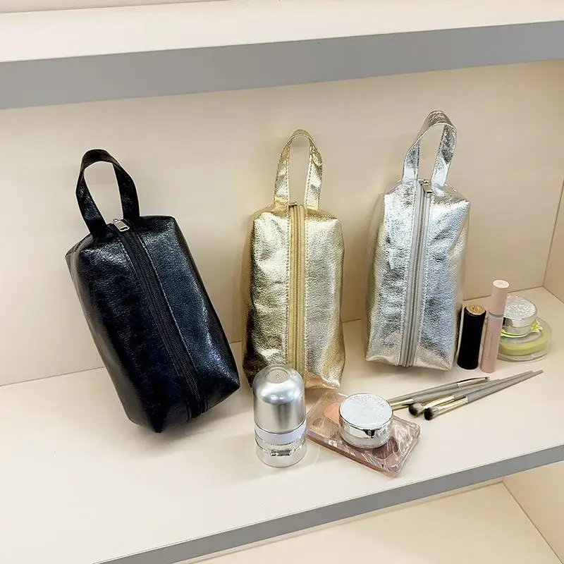 Portable Shiny Handheld Large Capacity Makeup Bag Solid Color Multipurpose Travel Toiletries Skincare Storage Bag