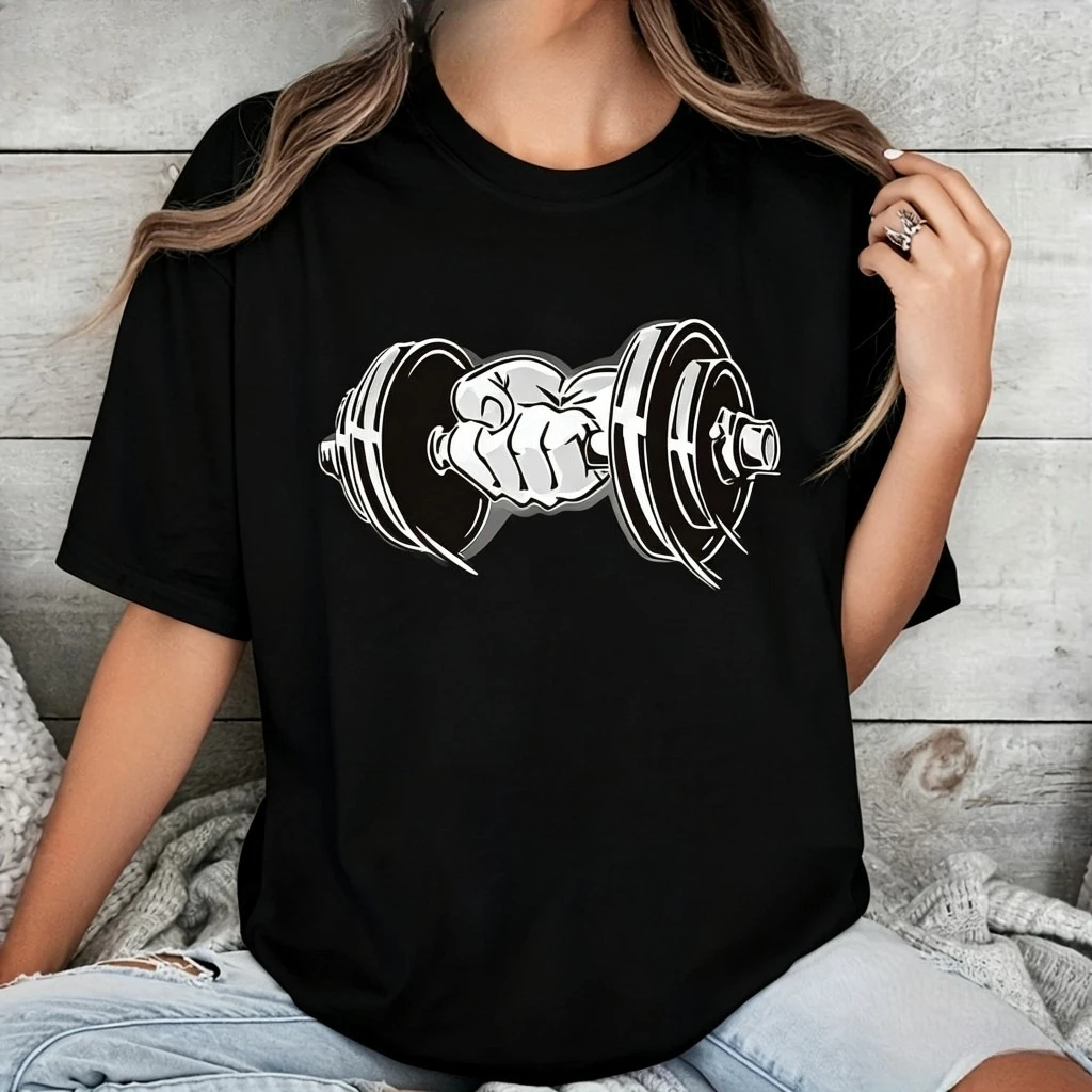 Weight Lifting Dumbbell T Shirt Men Women Gym Workout Graphic Tee Fitness Training Casual Tops Sporty Streetwear Daily Wear Top