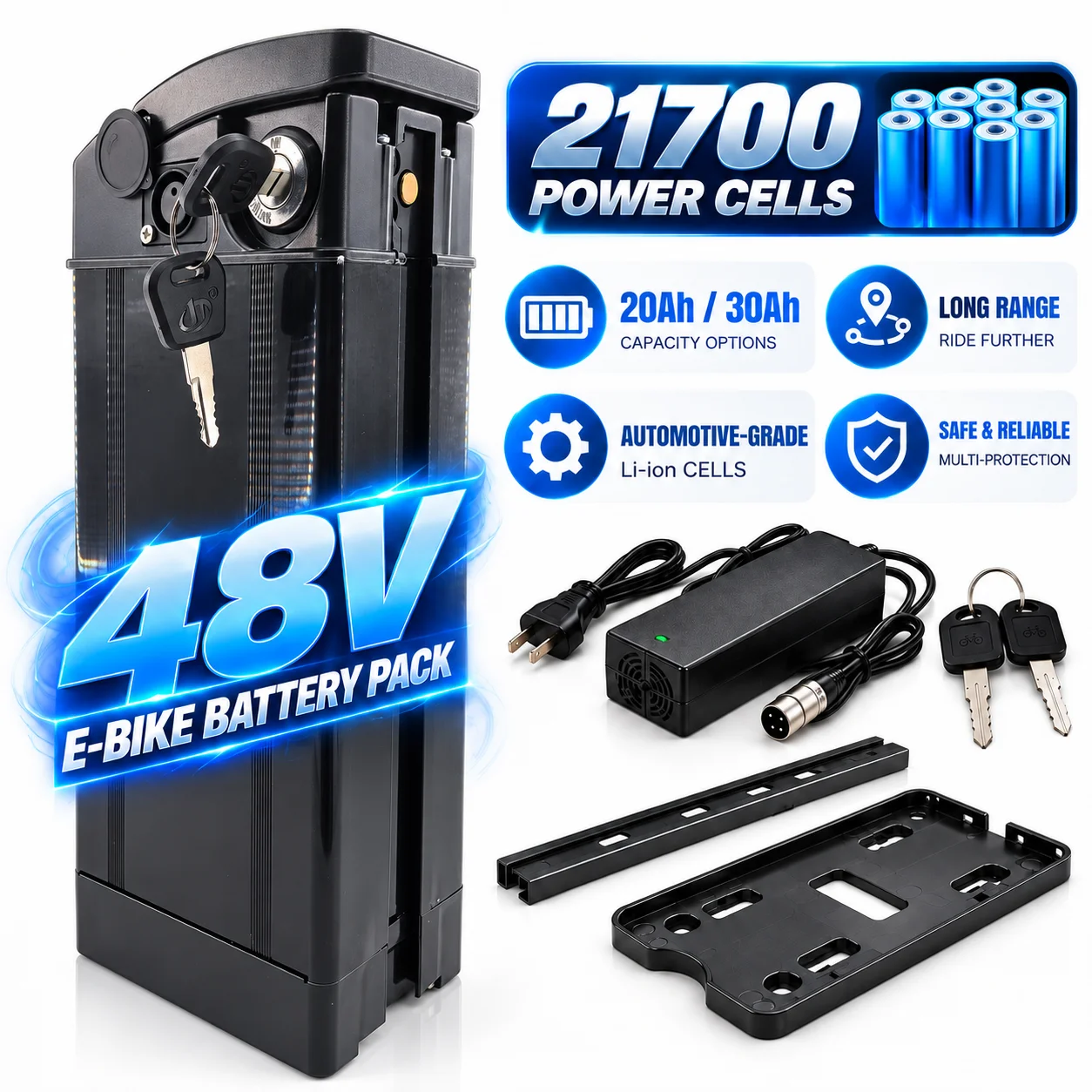 HAIBA 48V E-Bike Battery 20Ah 30Ah 21700 Lithium Ion Battery Pack with BMS 54.6V Charger for Electric Bicycle Conversion Kit