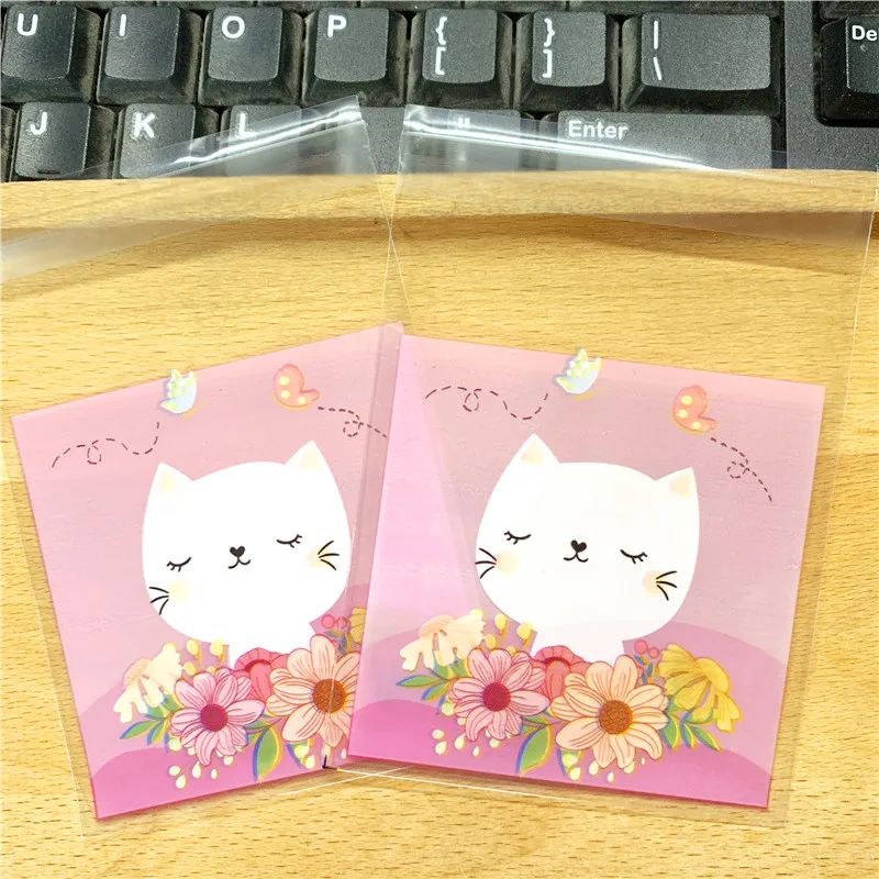 100pcs/lot Cute Cat Flower Gift OPP Bags Plastic Self-adhesive Candy Cookies Biscuits Packaging Bags Wedding Decorations