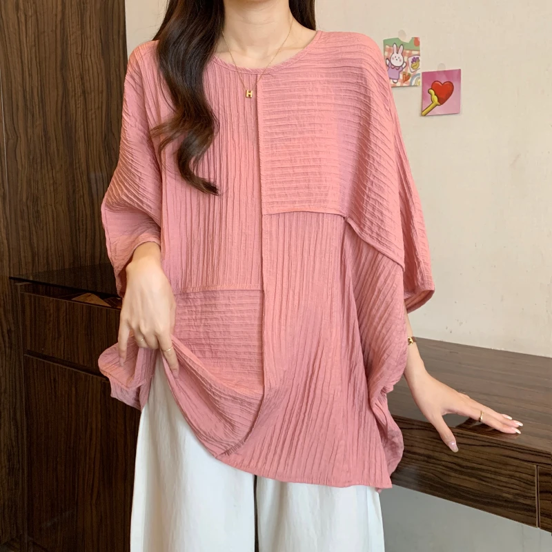 

Plus Size Women's Summer Patchwork Cover-Up Korean Style Casual Round Neck Top Pretty Trendy