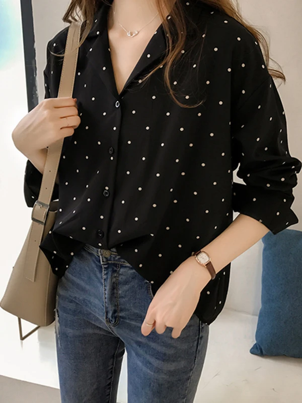 Polka Dot Print Loose V-Ne Long Sve Chiffon Top Street Sle Loose Fit irt for Women 8-24 Years Old Spring Season