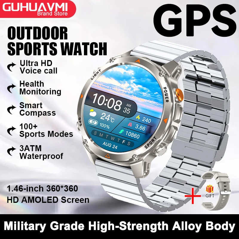 2025 New Military Bluetooth Call Smart Watch Built-in GPS Compass Barometric Altimeter 10ATM Waterproof Sports Smartwatches Men