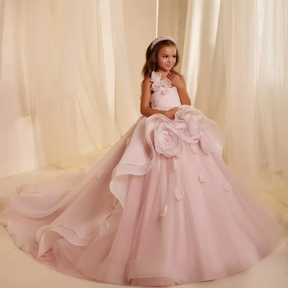 Exquisite Ruched Flowers Girl Dresses Pink O-Neck Floor Length Sweep Train Ball Gowns Wedding Party Pageant Dresses for Girls