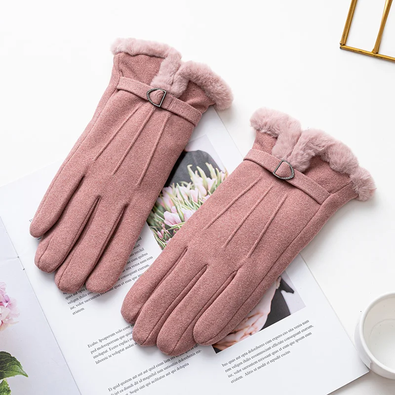 Guantes de gamuza para mujer, manoplas de dedo completo a prueba de viento para pantalla táctil, a la moda, para deportes al aire libre, Invierno