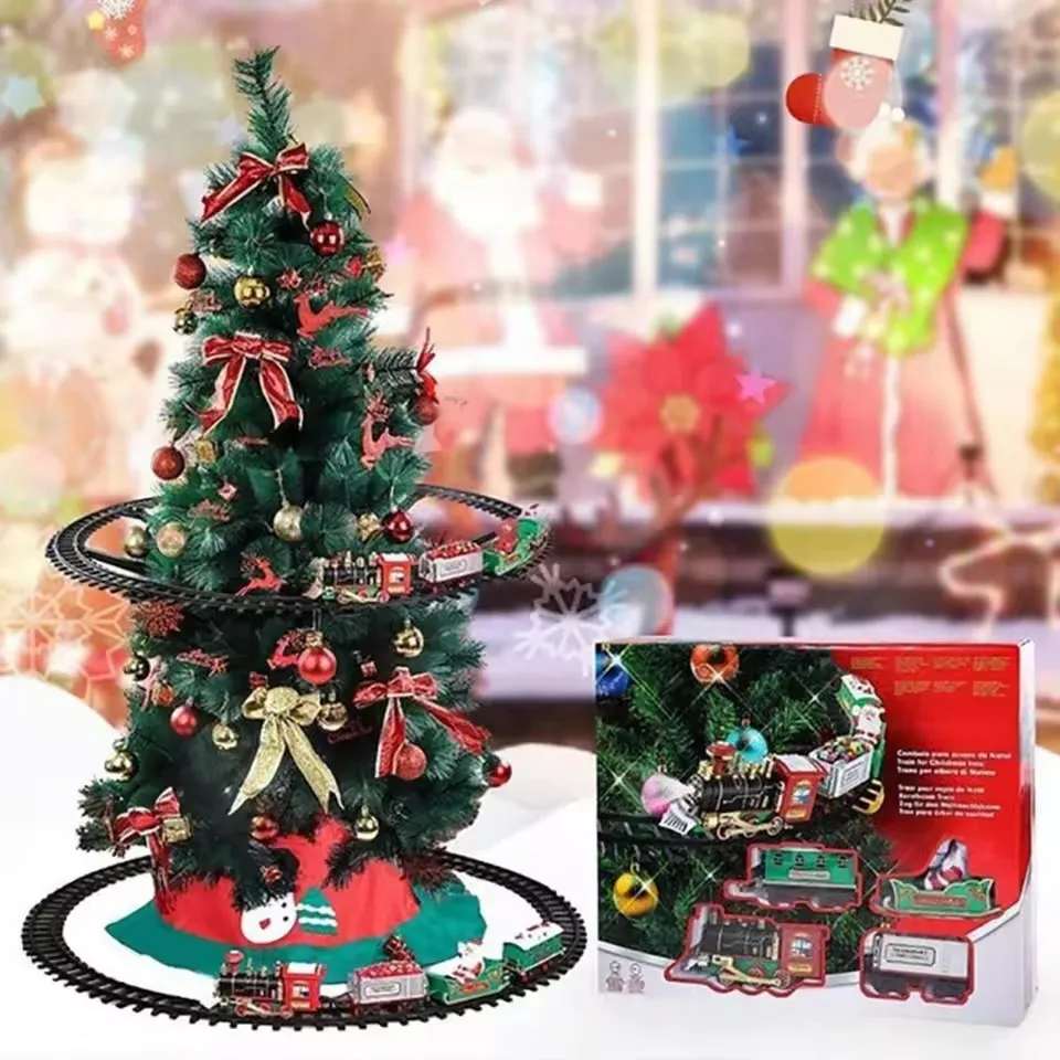 Tren ferroviario que funciona con batería con sonido y luz, juguetes para coche ferroviario, tren de Navidad, decoración de árbol, pista, juguetes eléctricos para niños