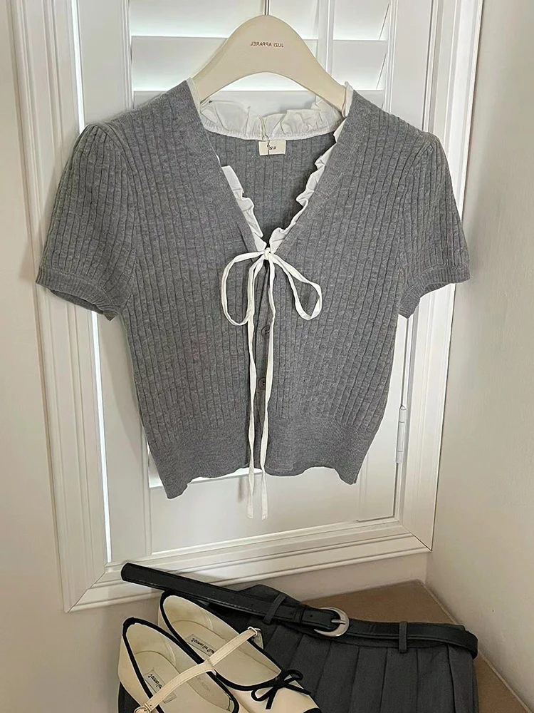 

Fashionable Lace Trim V-Neck Tied Thin Short Sleeve Ice Silk Knitted Top Women's New Early Spring Short Length Upper Body