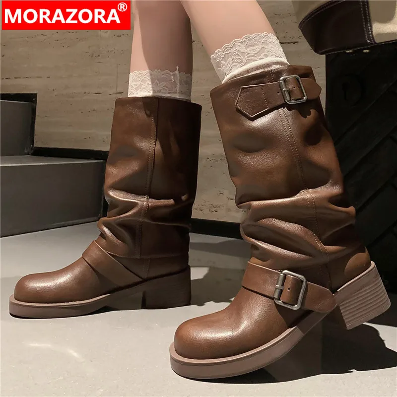 

MORAZORA 2024 New Top Sale Slip On Mid Calf Boots Pleated Genuine Leather Buckle Boots For Women Square Med Heels Winter Boots