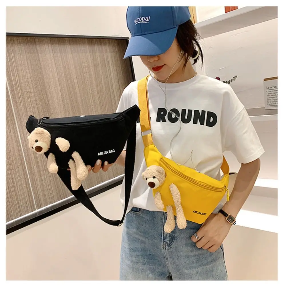 1PC Women\'s Cute Bear Waist Bag Canvas Belt Bags Designer Crossbody Chest Bag Female Solid Fanny Pack Banana Hip Purse