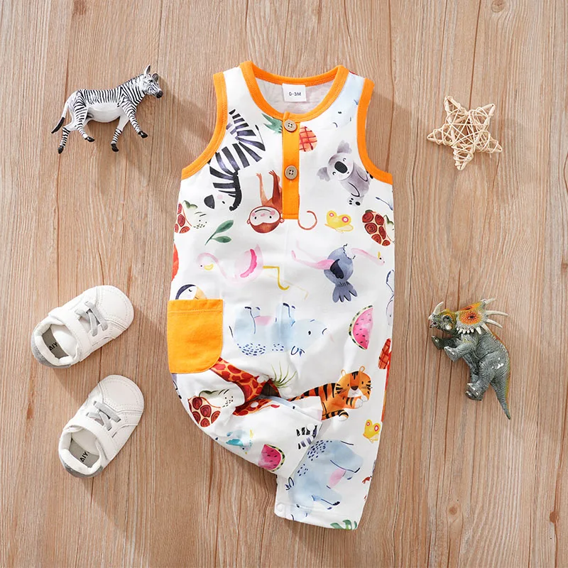 Summer Newborn Boys And Girls Cute Cartoon Animal Print Comfortable Casual Sleeveless Baby Bodysuit