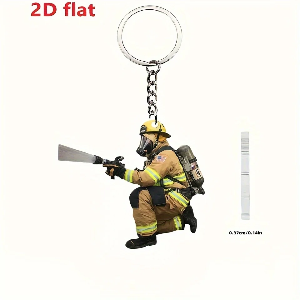 2D Flat Acrylic Firefighter Keychain - Fire and Rescue Design, Featuring a Hose and Helmet, Perfect for Backpacks and Gifts
