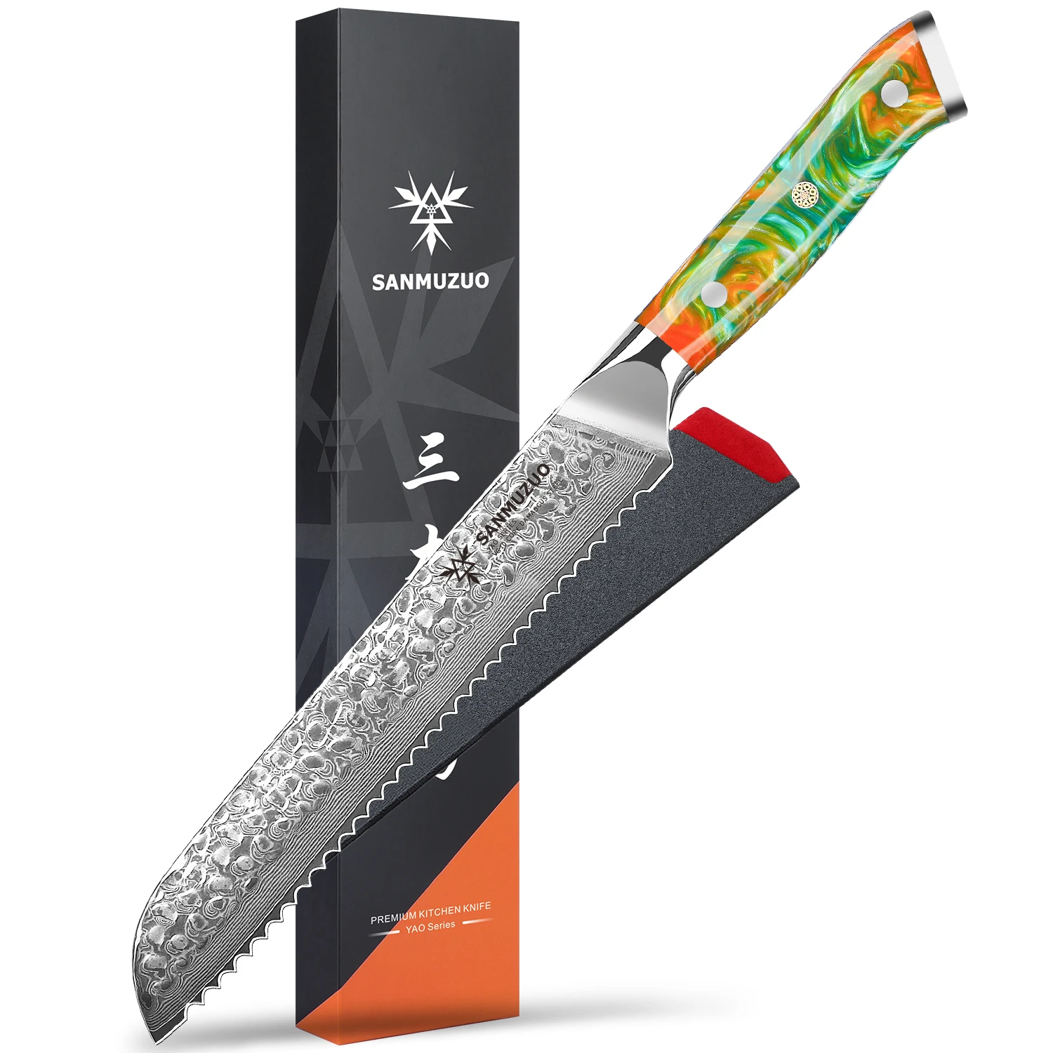 

SANMUZUO 8 Inch Bread Knife - YAO Series - Damascus Steel Serrated Bread Knife - Comfortable Resin Handle-Effortlessly Cut Bread