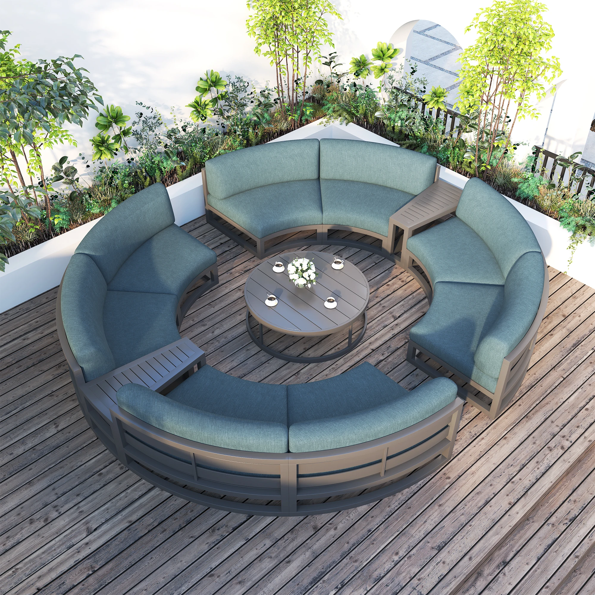 Fulin Garden Furniture Curved Lattice Aluminum Duick-dry Reticulated Cushions Sectional Modular Outdoor Sofa